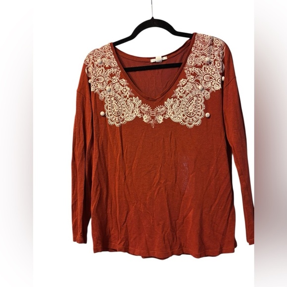 Springfield Women's Long Sleeve Tee with Crochet Detail Orange Rust Size Medium - Picture 1 of 3